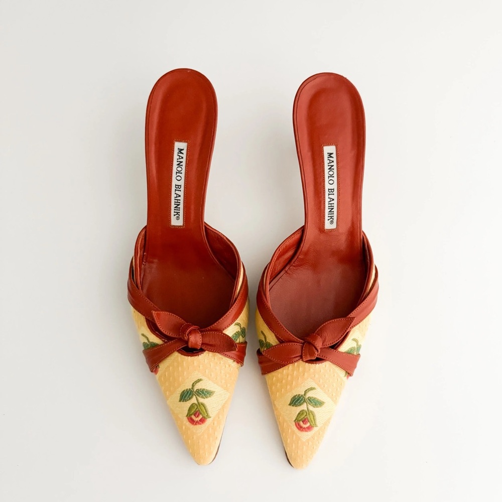 Manolo Blahnik Tan and Red Floral Mules